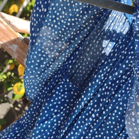 Blue Polka-Dot Tiered Peasant Dress L - Picture 7 of 8